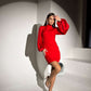 Mock Neck Puffed Satin Sleeve Body-con Mini Dress