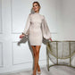 Mock Neck Puffed Satin Sleeve Body-con Mini Dress