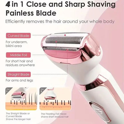 4-in-1 Rechargeable Electric Lady Shaver Set - Portable 500mAh Wet & Dry Painless Trimmer for Face, Nose, Legs & Underarms
