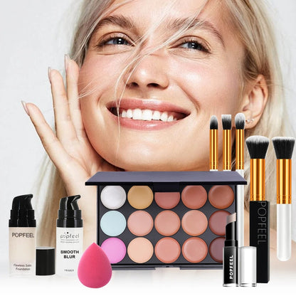 POPFEEL 10-Piece Face Makeup Set - Beginner-Friendly Foundation, Concealer & Brush Combo - Complete Face Makeup Kit for Flawless