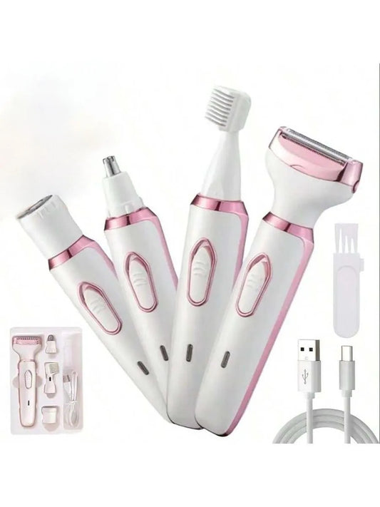 4-in-1 Rechargeable Electric Lady Shaver Set - Portable 500mAh Wet & Dry Painless Trimmer for Face, Nose, Legs & Underarms